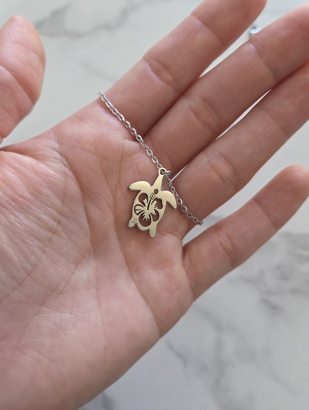 Unisex Silver Tropical Sea Turtle & Hibiscus Cut Out Pendant Necklace - Picture 9 of 12